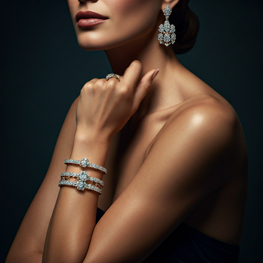 Editorial portrait — diamond earrings, layered bracelets, fine gold rings